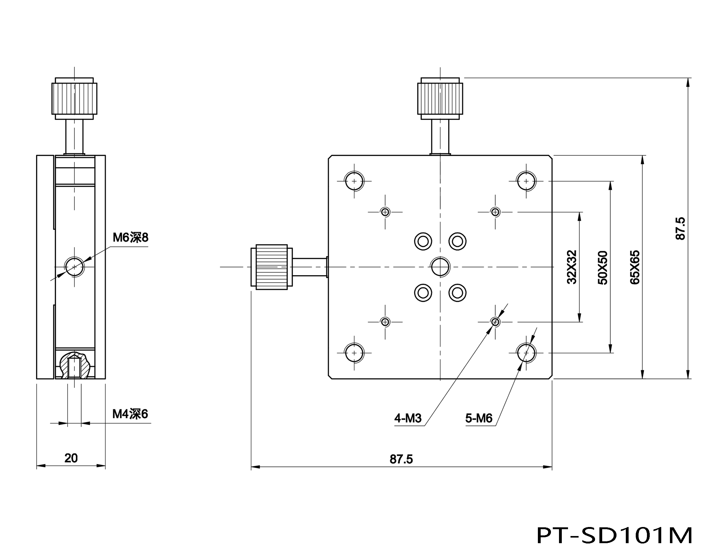 PT-SD101M manual two-dimensional thin translation table dovetail translation table stroke ±3mm